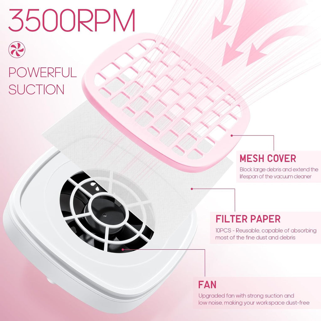 Pink Nail Dust Collector with 10 Filter Pads for Nail Art Beginners