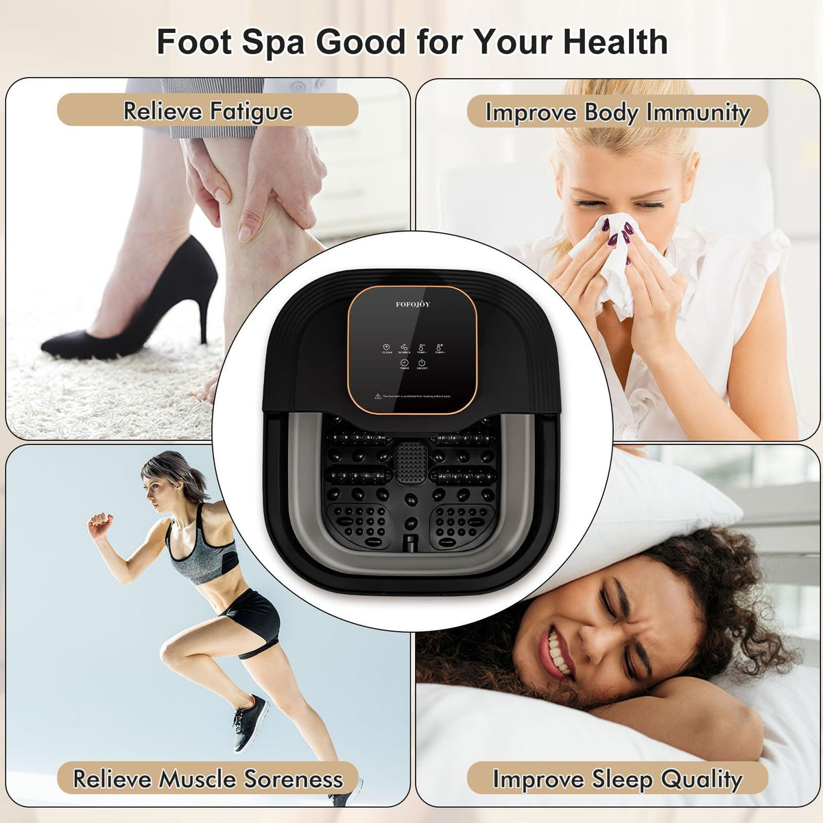 Collapsible Foot Spa Bath with Heat, Massage Rollers & Bubbles – Black