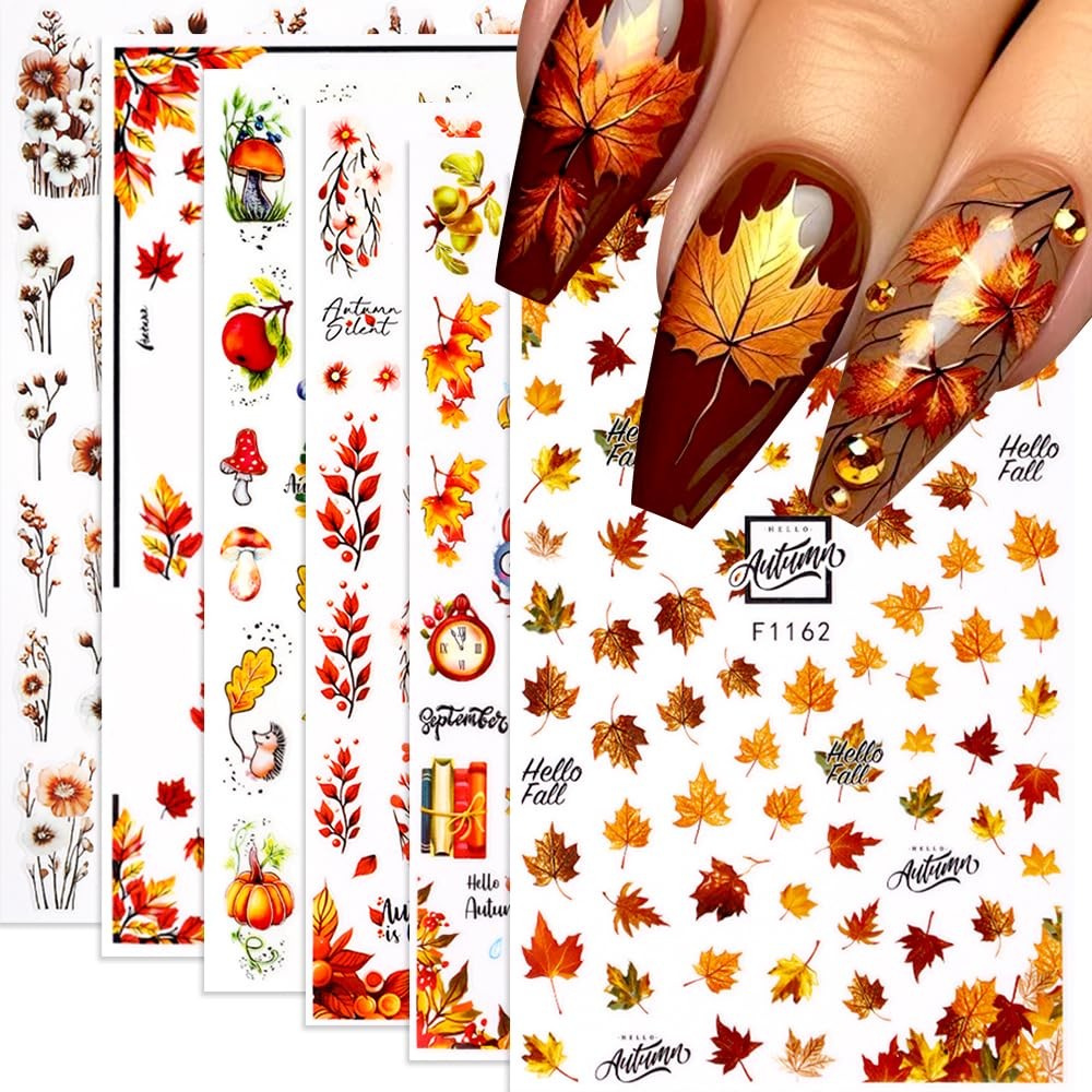 Fall Nail Art Stickers - Autumn Maple Leaf 3D Self-Adhesive Nail Decals, 6 Sheets