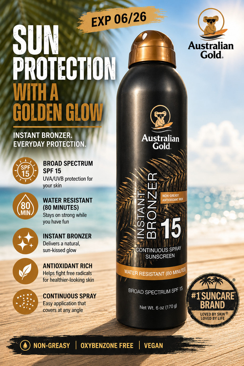 Australian Gold SPF 15 Continuous Spray Sunscreen with Bronzer 6oz