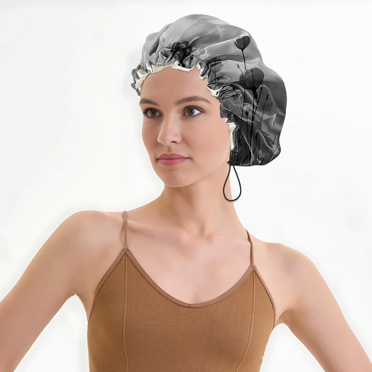 Luxury Waterproof Satin Lined Shower Cap with Adjustable Fit - Black Flower