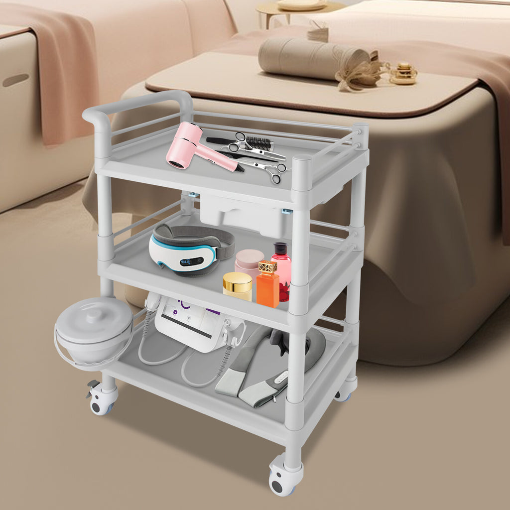 Grey 3-Tier Salon Cart with Wheels - ABS Rolling Tool Organizer