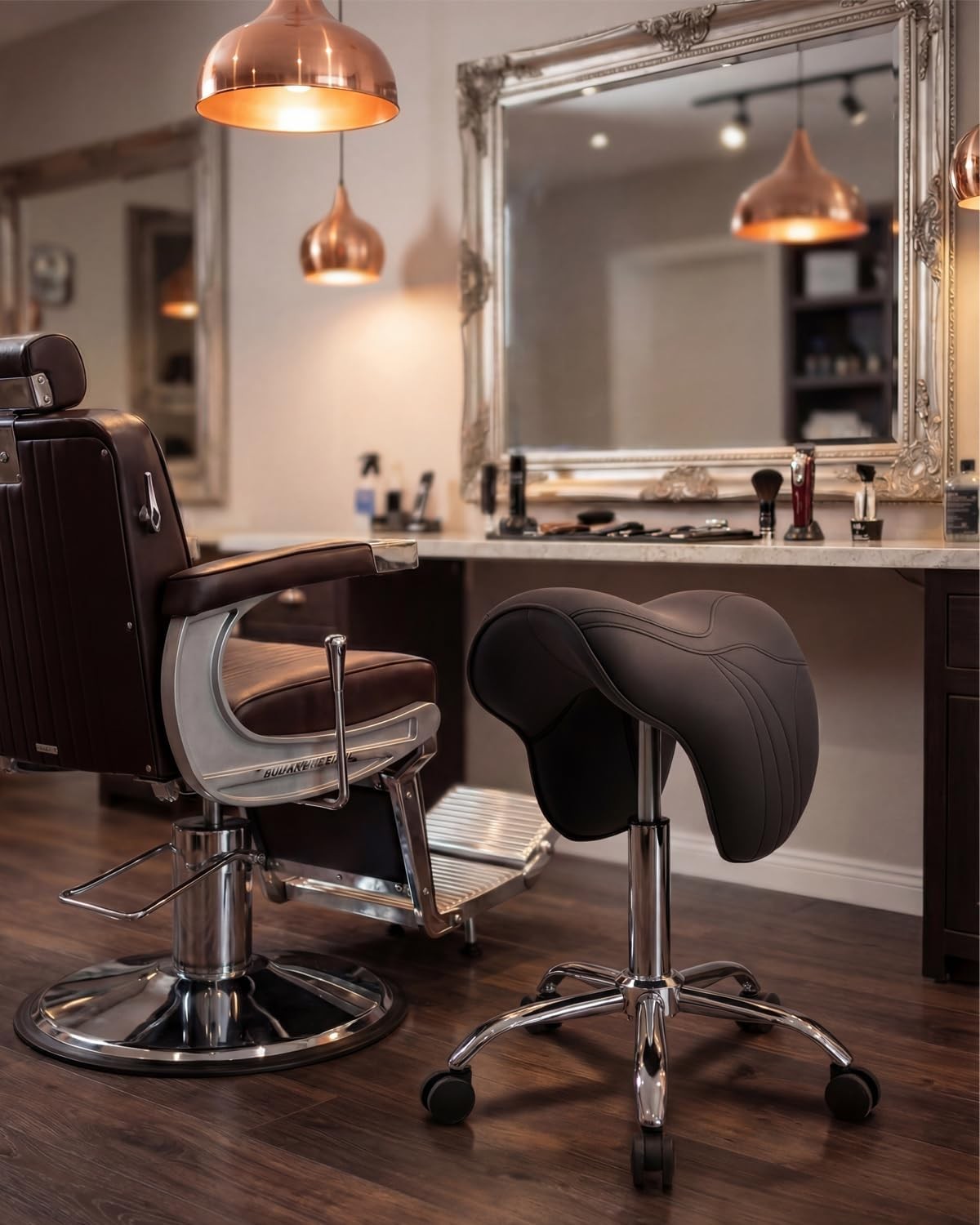 Adjustable Saddle Stool with Wheels for Salon Hair Stylist & Spa