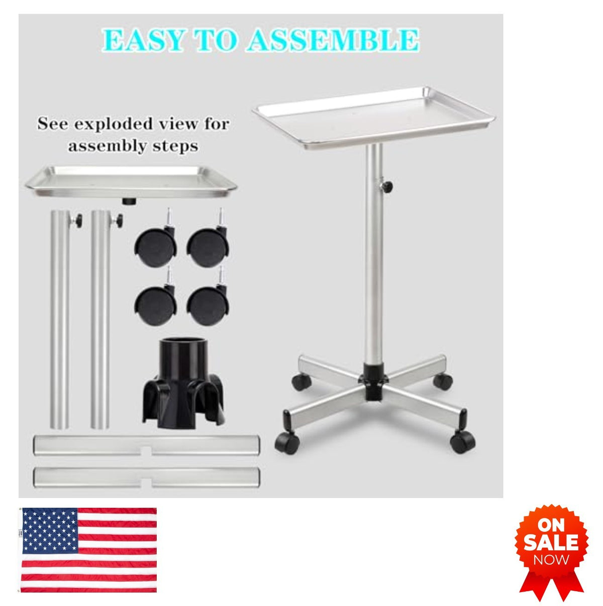 Adjustable Height Salon Tray Cart on Wheels - Metal Rolling Service Station