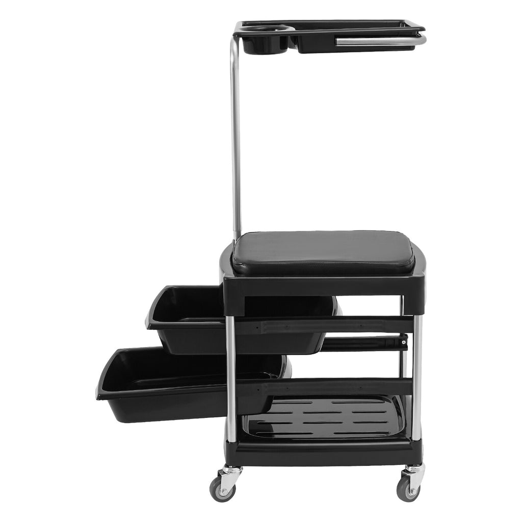 Salon Hair Tool Cart with Seat and 3 Tiers, Rolling Storage Trolley, Black