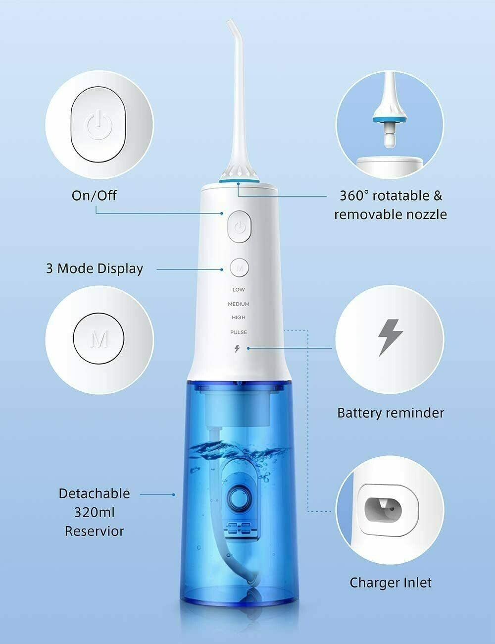 Cordless Water Flosser Oral Irrigator USB Rechargeable 320ml 4 Modes