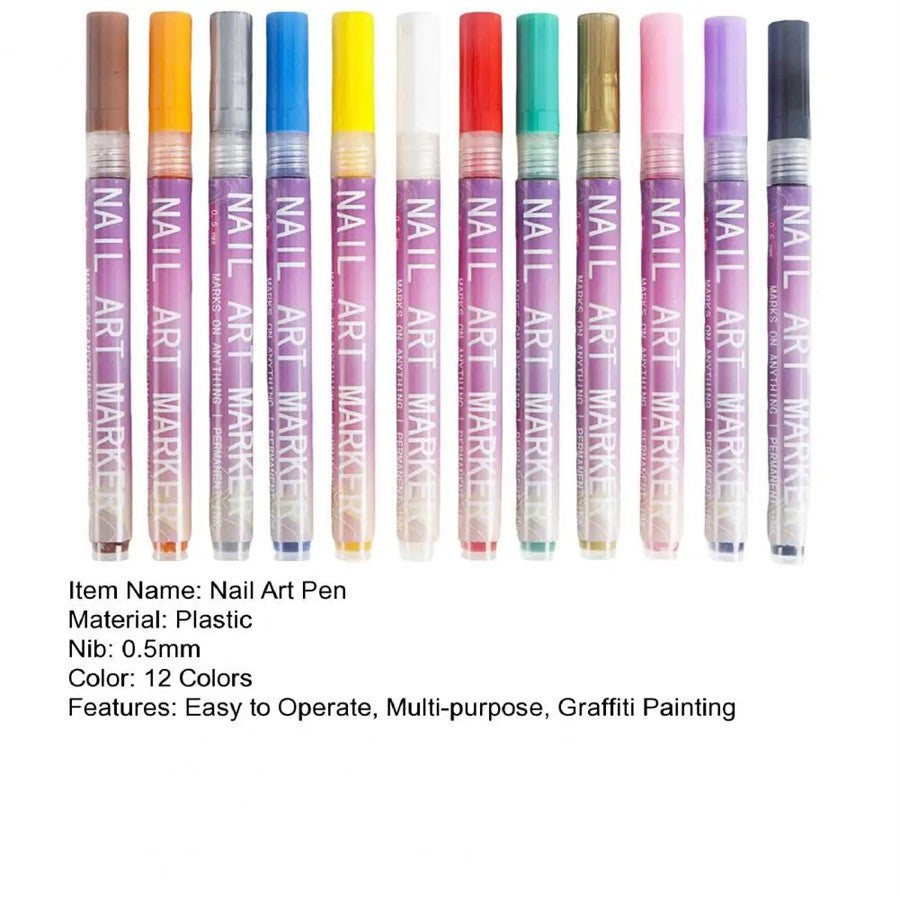 12-Color Nail Art Pen Set for DIY Drawing and Detailing
