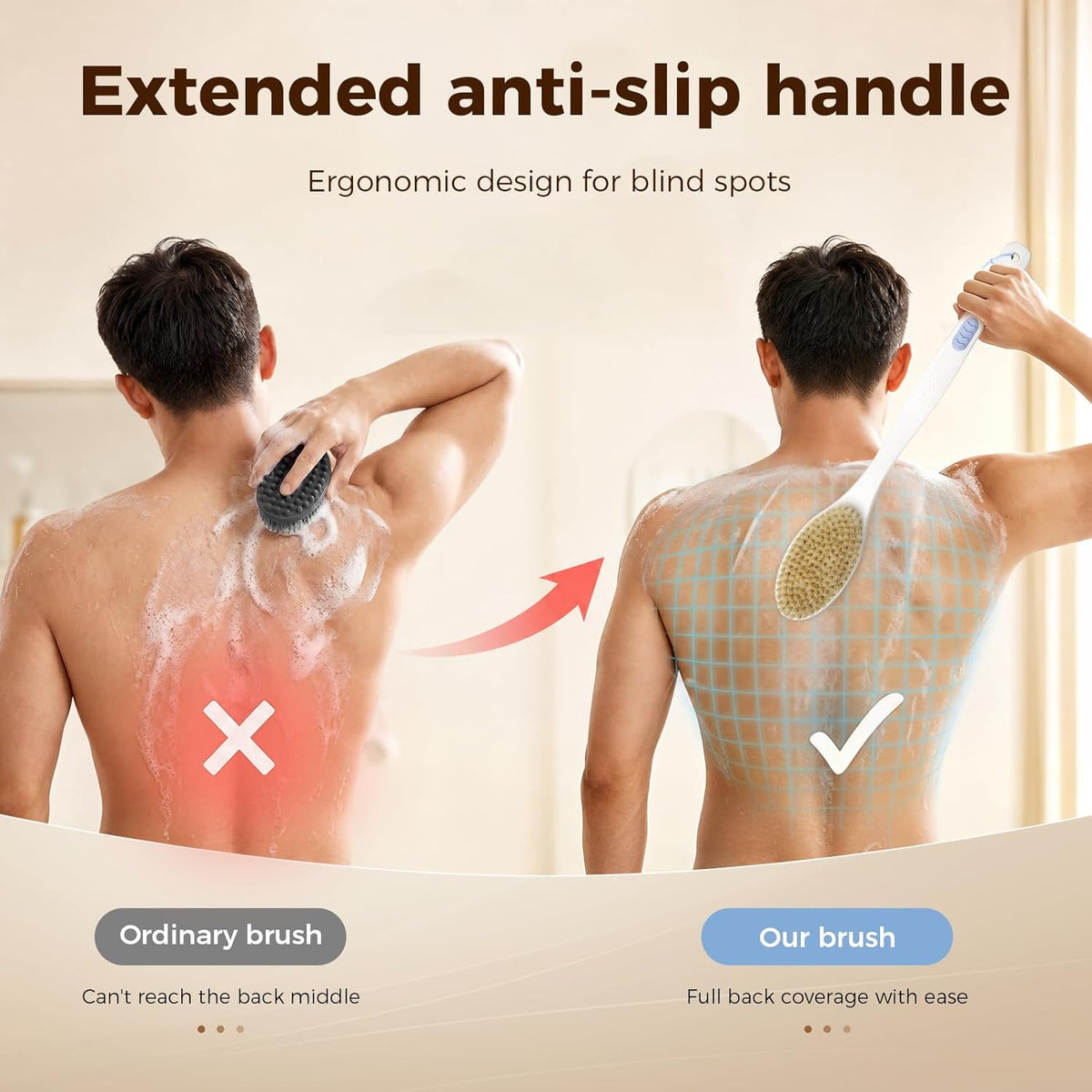 Back Scrubber for Shower with Long Handle - Dual-Sided Exfoliating Body Brush