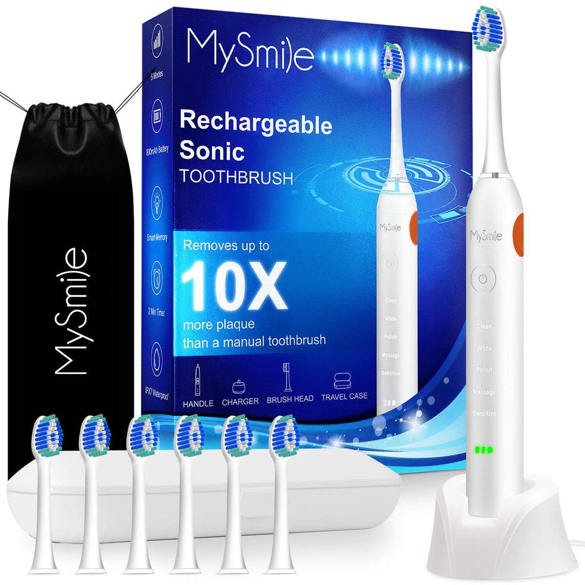 Electric Toothbrush with 6 Replacement Heads & 5 Cleaning Modes - Rechargeable, Waterproof