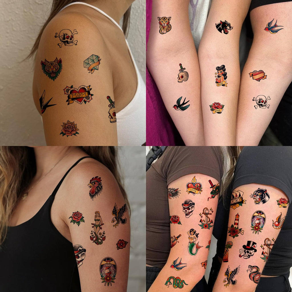 American Traditional Temporary Tattoos Set - 76 Small Old School Designs