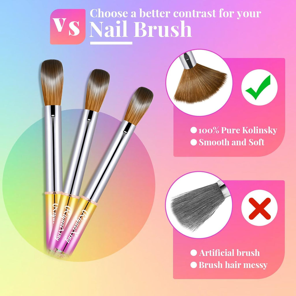 Kolinsky Nail Art Brush Set - Acrylic, Precision & Fine Detail Brushes, 3 Pieces