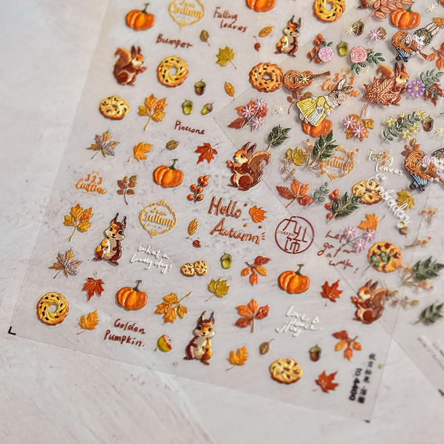 Fall Maple Leaf Nail Stickers Set - Self-Adhesive Squirrel & Nut Design for Nail Art