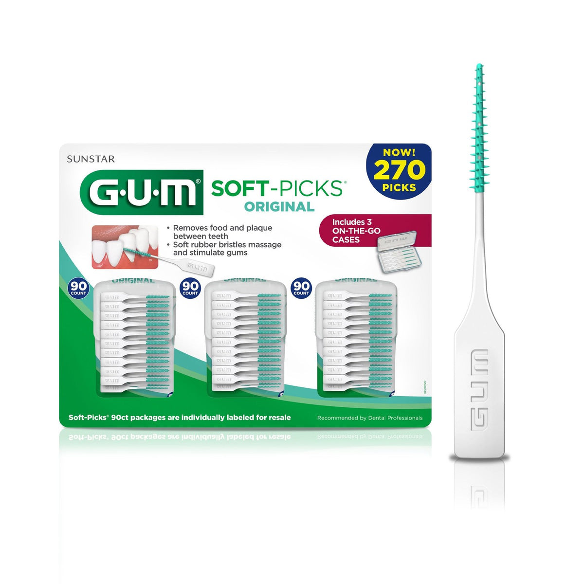 GUM Soft-Picks Oral Care Travel Pack - 270 Disposable Dental Picks with Case