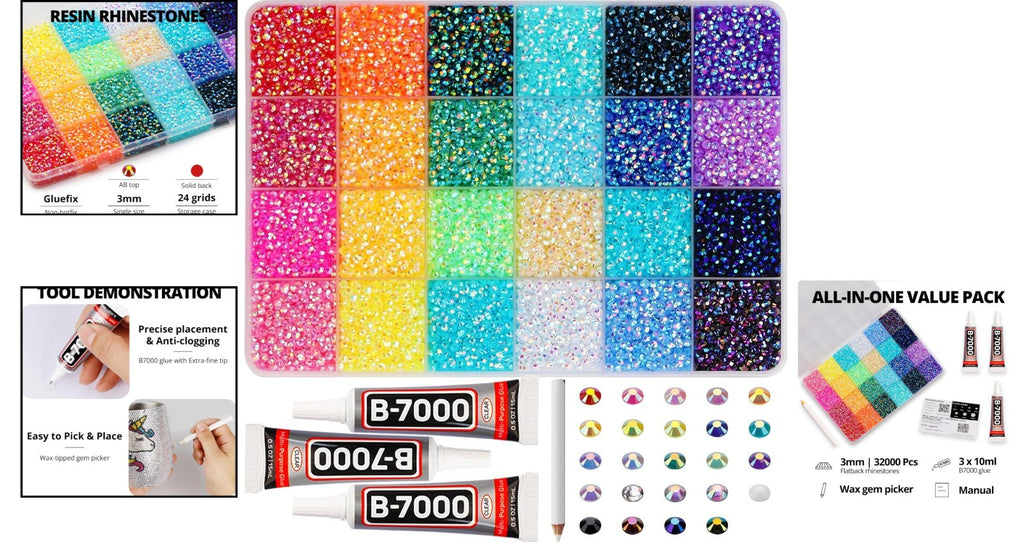 33000 Pcs Jewelry Rhinestones Set with Applicators & Glue for Crafts and Decorations