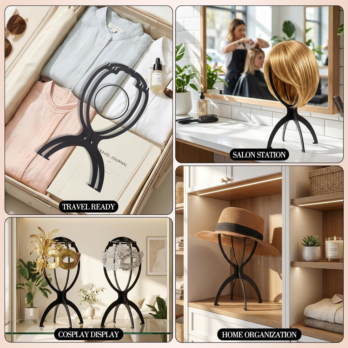 Portable Wig Stand Holder 2 Pack Travel Salon & Home Use Black