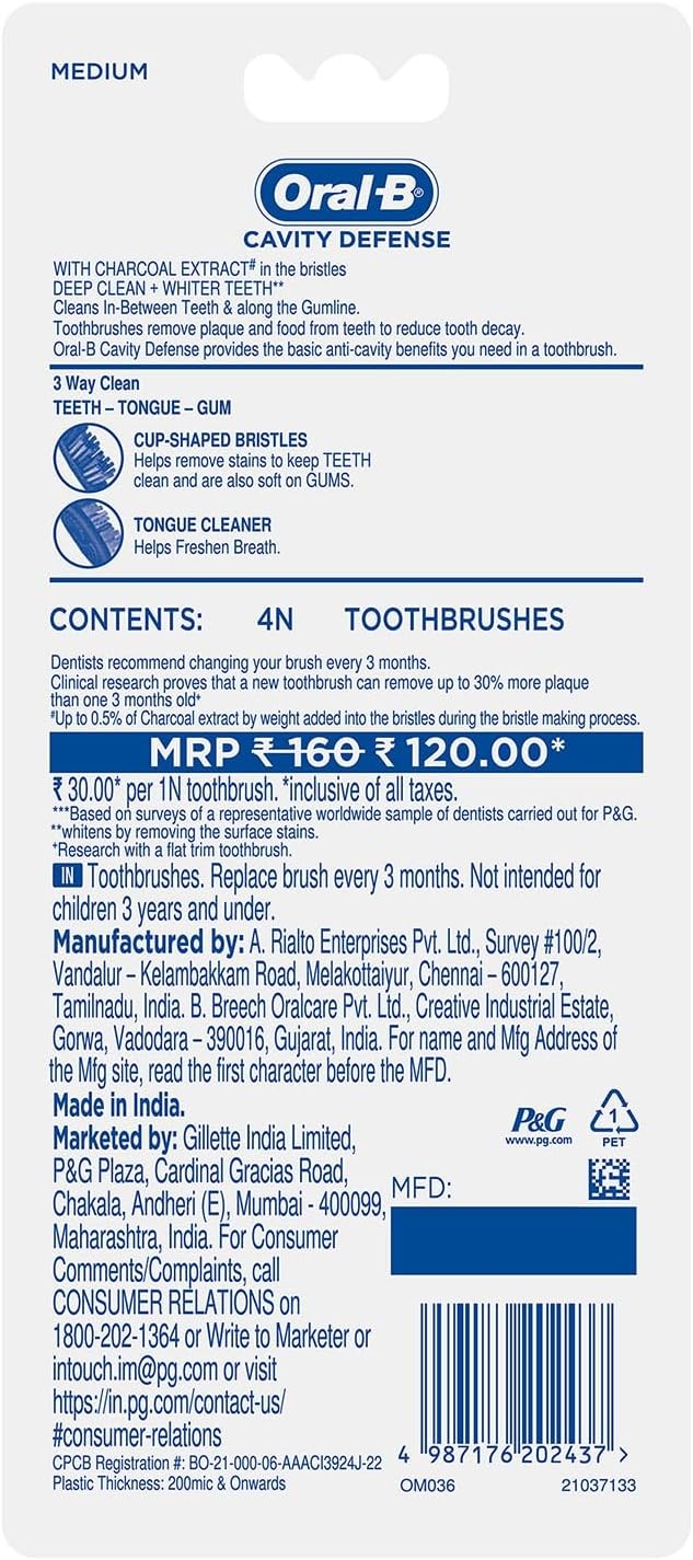Oral-B Cavity Defense Medium Toothbrush Pack of 4 - Black