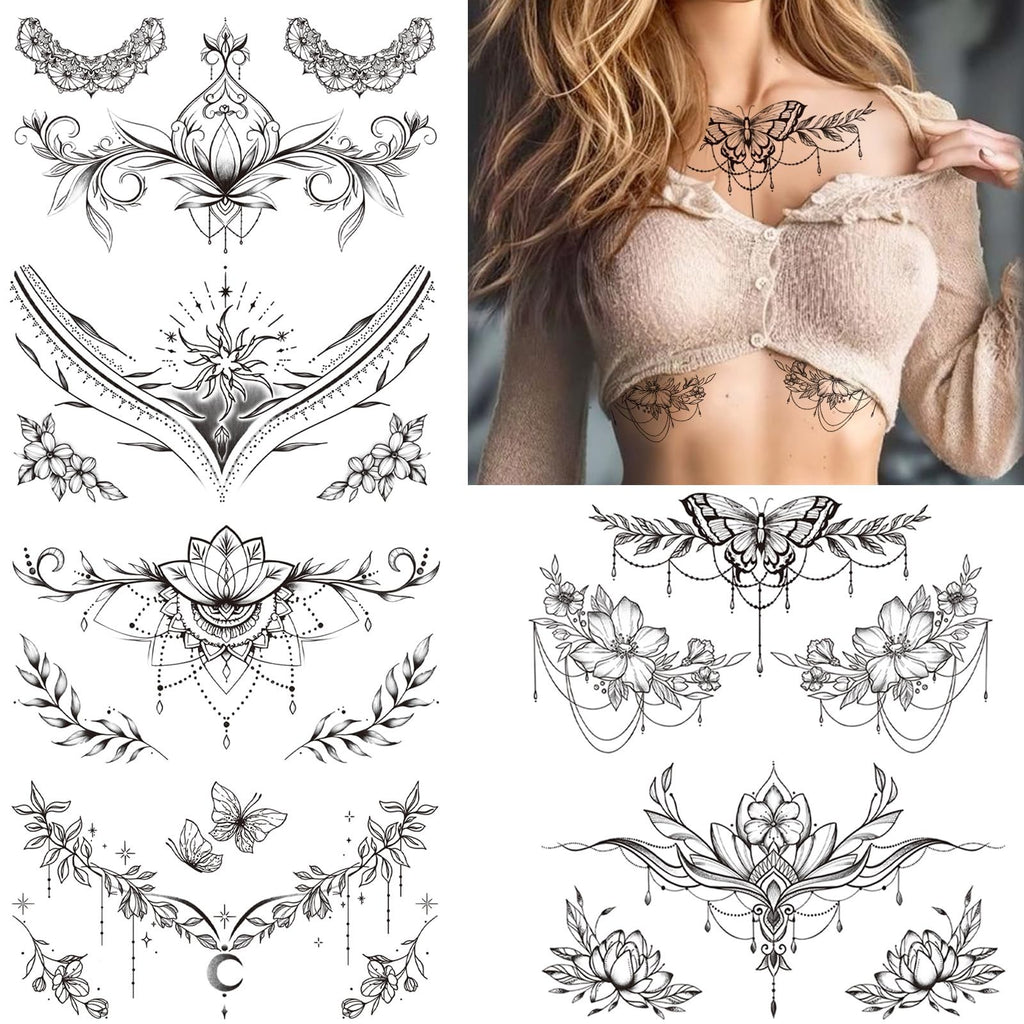 Black Flower Chest Underboob Temporary Tattoos for Women