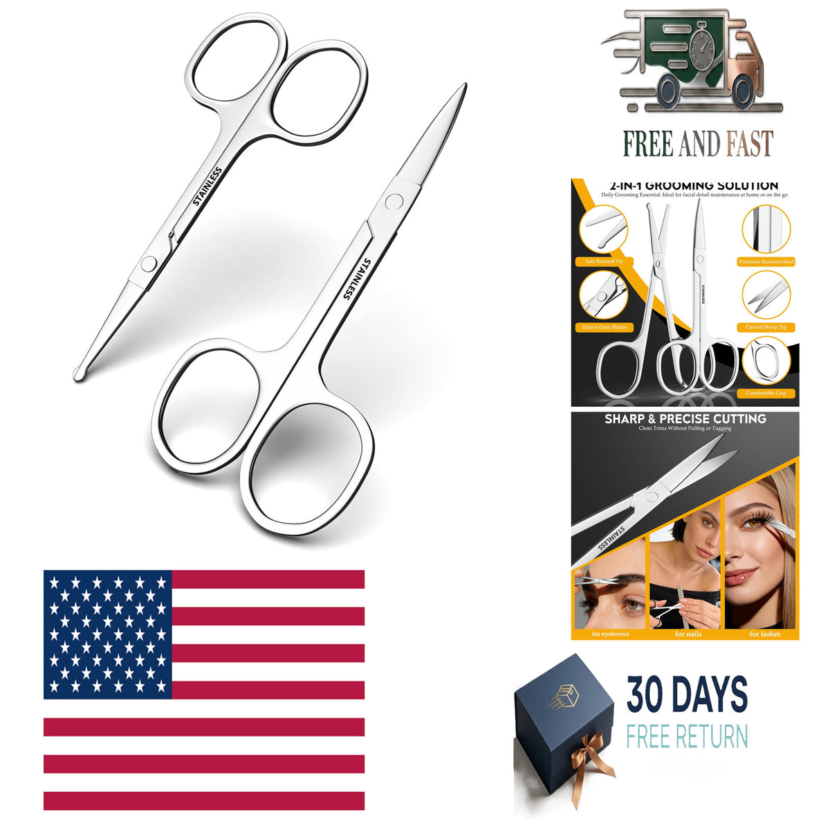 Stainless Steel Facial Grooming Scissors for Eyebrow, Nose & Beard Trimming