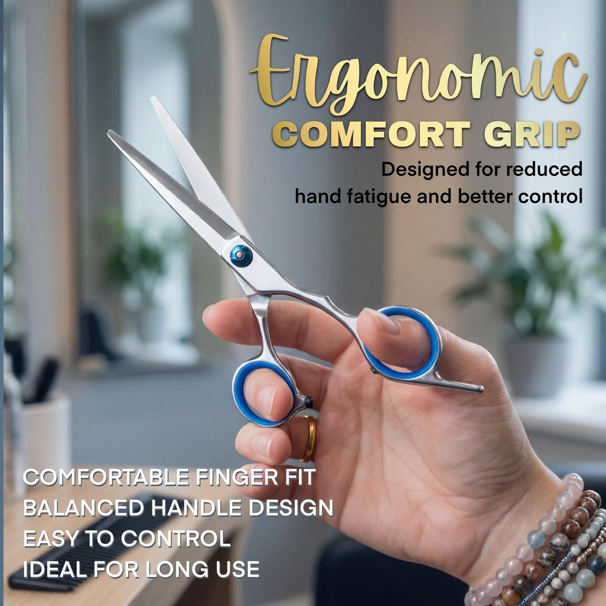 6.5 Inch Stainless Steel Hair Cutting Scissors with Adjustable Tension & Finger Rings