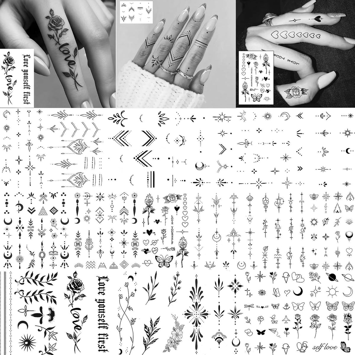 Elegant Black Finger Tattoos – 18 Sheets of Y2K Temporary Designs for Adults