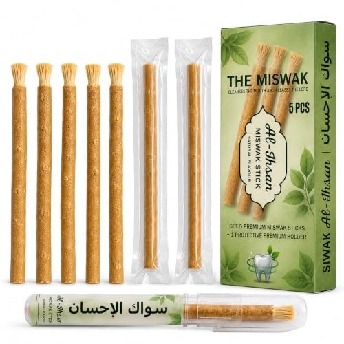 Natural Miswak Sticks 5 Pack - Eco-Friendly Salivadora Persica Toothbrush with Holder