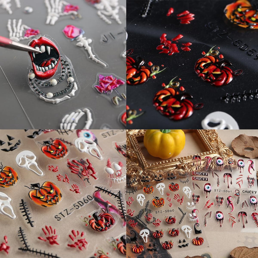 Halloween Nail Stickers 8 Sheets 5D Embossed Skull & Gothic Designs