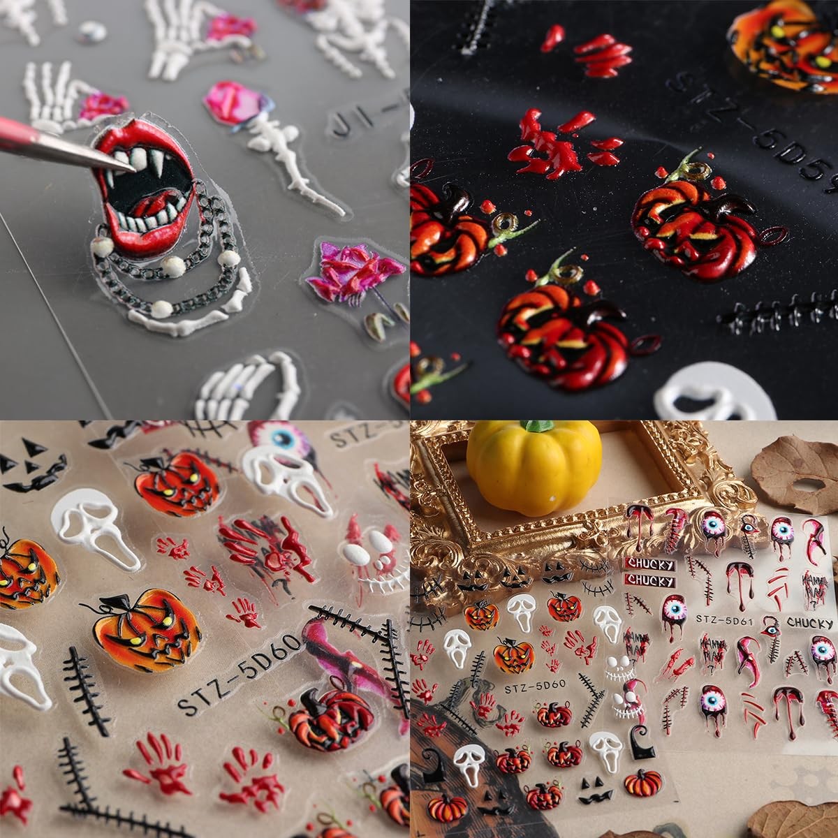 Halloween Nail Stickers 8 Sheets 5D Embossed Skull & Gothic Designs