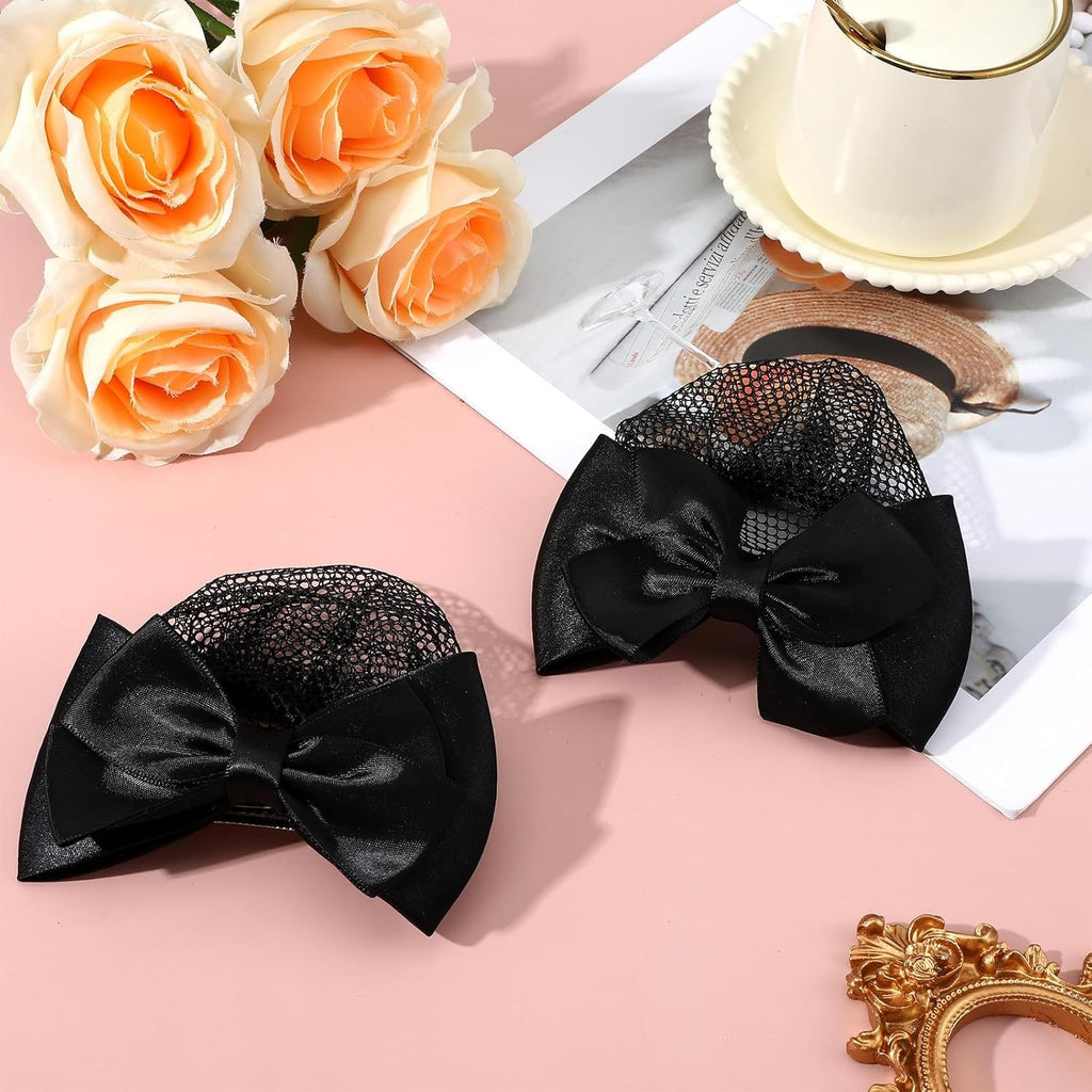 Women’s Satin Bow Hair Net for Buns - Black, Pack of 2
