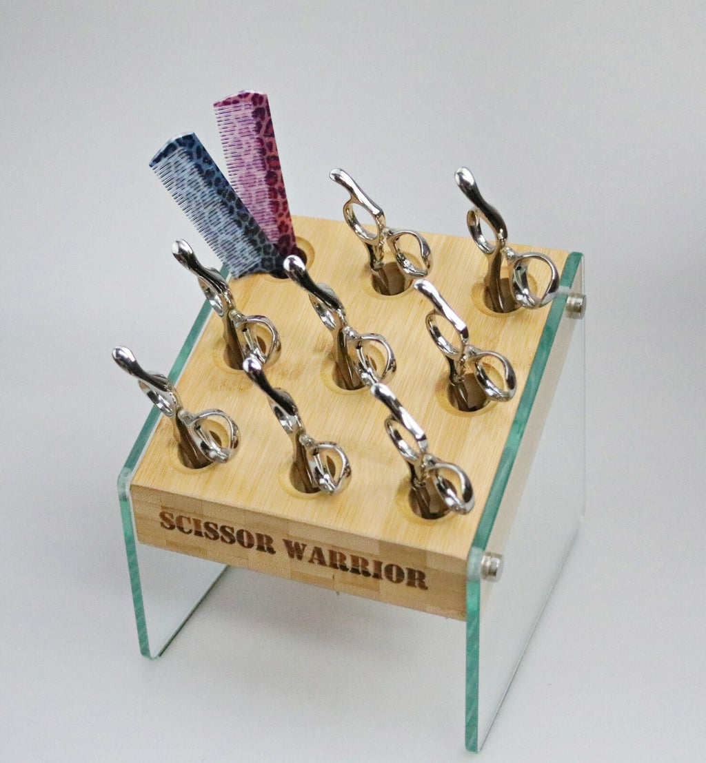 Salon Hair Shears Holder Bamboo Glass Organizer for Barber & Stylist Stations