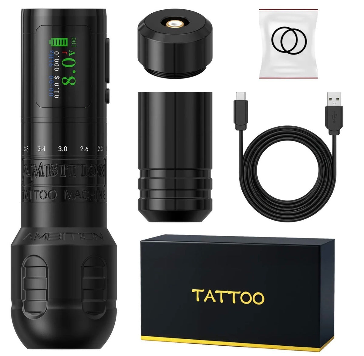 Wireless Tattoo Machine C1 Plus — 7 Stroke Settings 2.0–4.2mm, 1900mAh Battery