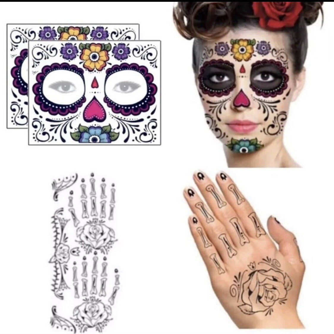 Day of the Dead Sugar Skull Temporary Tattoos for Face & Hands