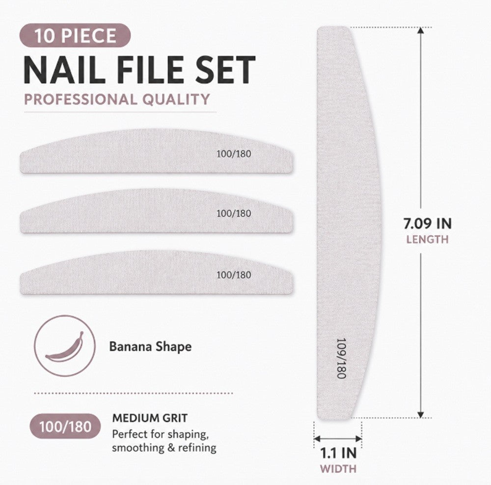 10 Pack Dual Grit Nail Files for Manicure & Pedicure - Emery Boards