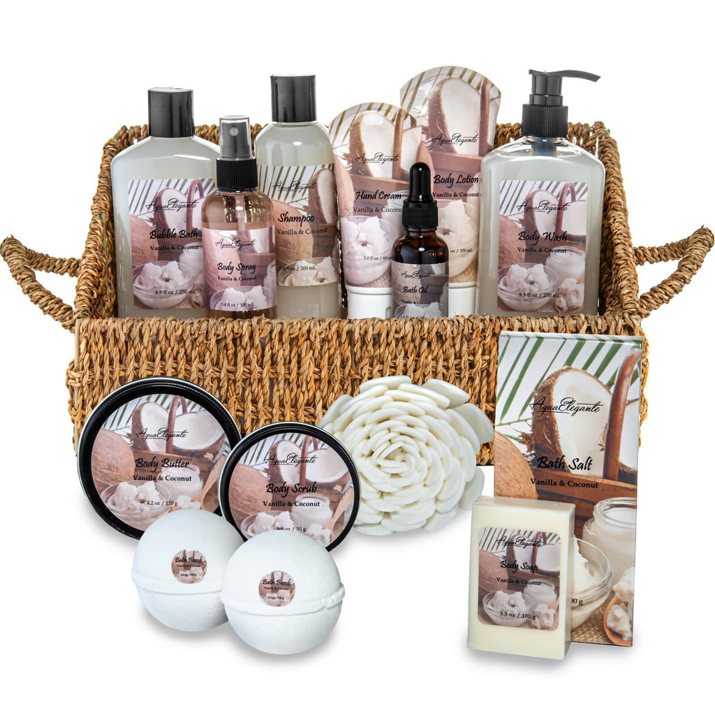 Luxury Bath Spa Gift Set with Coconut & Vanilla - 15 Piece Aromatherapy Basket