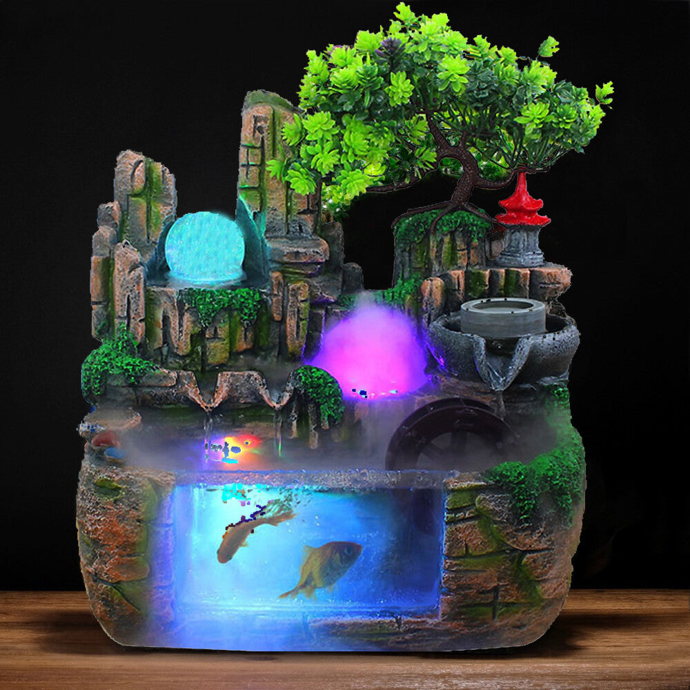 Feng Shui Desktop Rockery Waterfall Fountain with LED Atomizing Effect for Office Decor