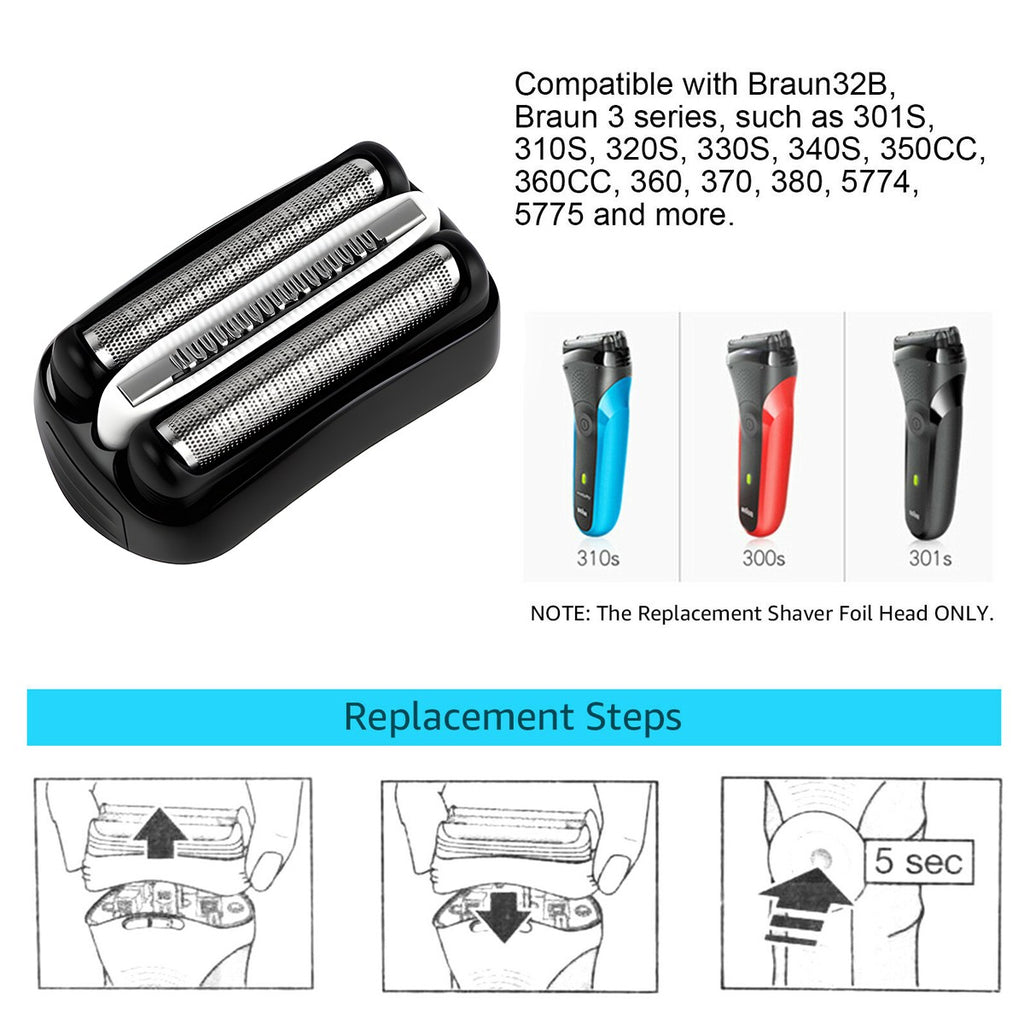 Replacement Shaver Foil Heads for Braun 3 Series 301S 310S 320S 32B, 2-Pack