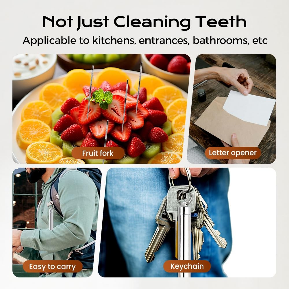 Set of 7 Stainless Steel Toothpicks with Keychain Holder - Reusable Portable Oral Care