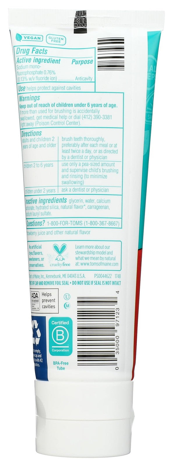 Kids Natural Fluoride Toothpaste with Strawberry Flavor - No Artificial Colors