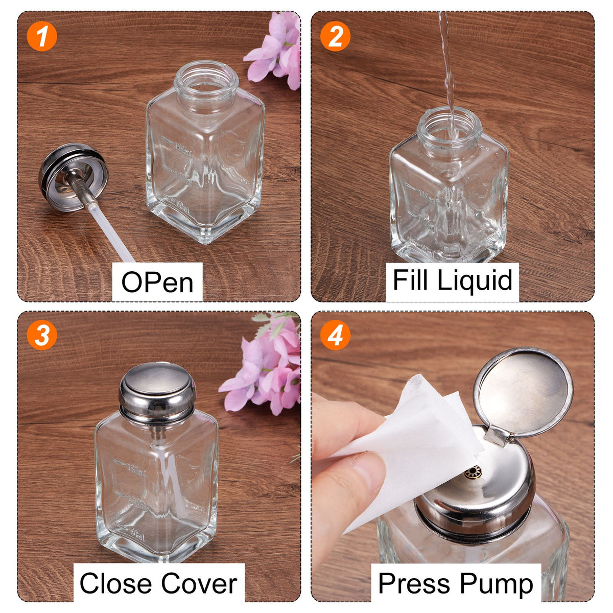 Glass Pump Dispenser Bottle 6oz 180ml with Metal Flip Cover for Liquids