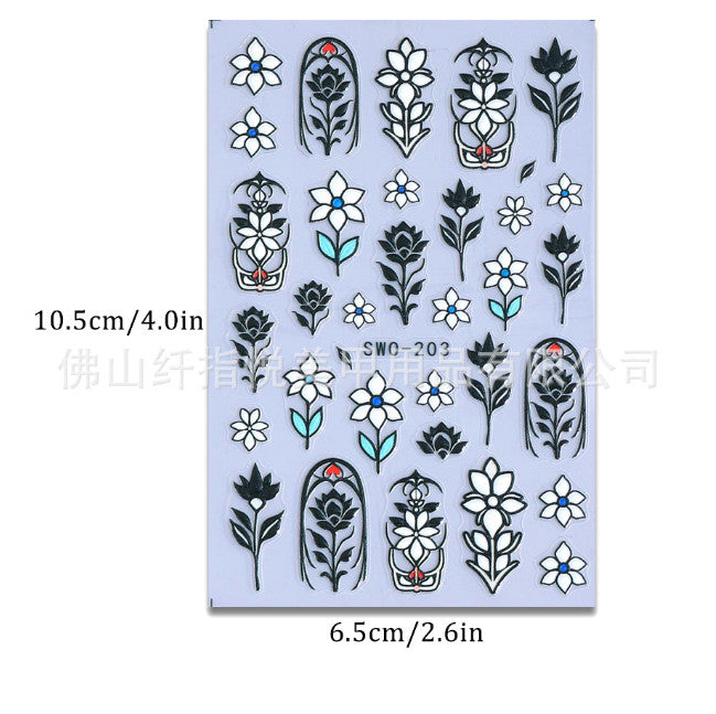 3D Floral Line Art & Stained Glass Style Flower Nail Art Stickers - Glitter Shine