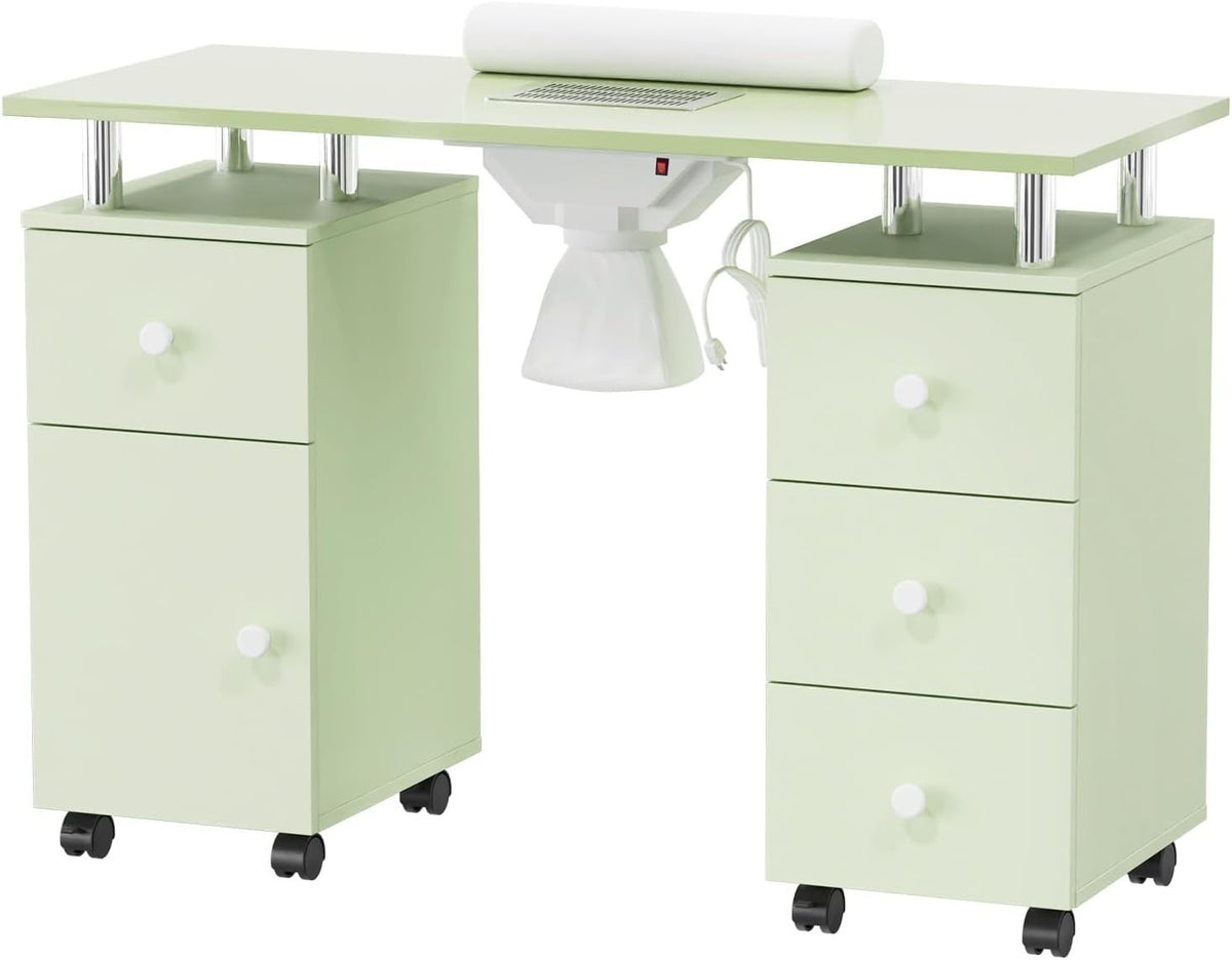Manicure Table Nail Desk with Lockable Wheels & Storage - Green