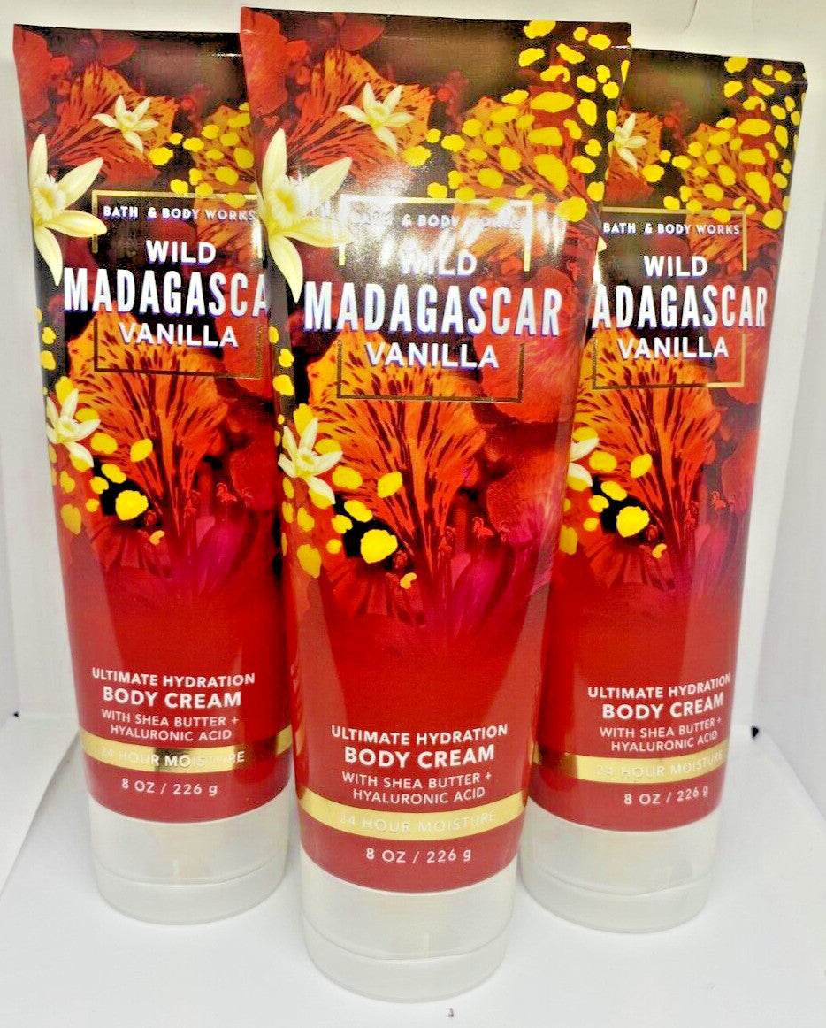 Set of 3 Wild Madagascar Vanilla Body Creams - 8 oz Hydrating Moisturizer with Vitamin E & Shea
