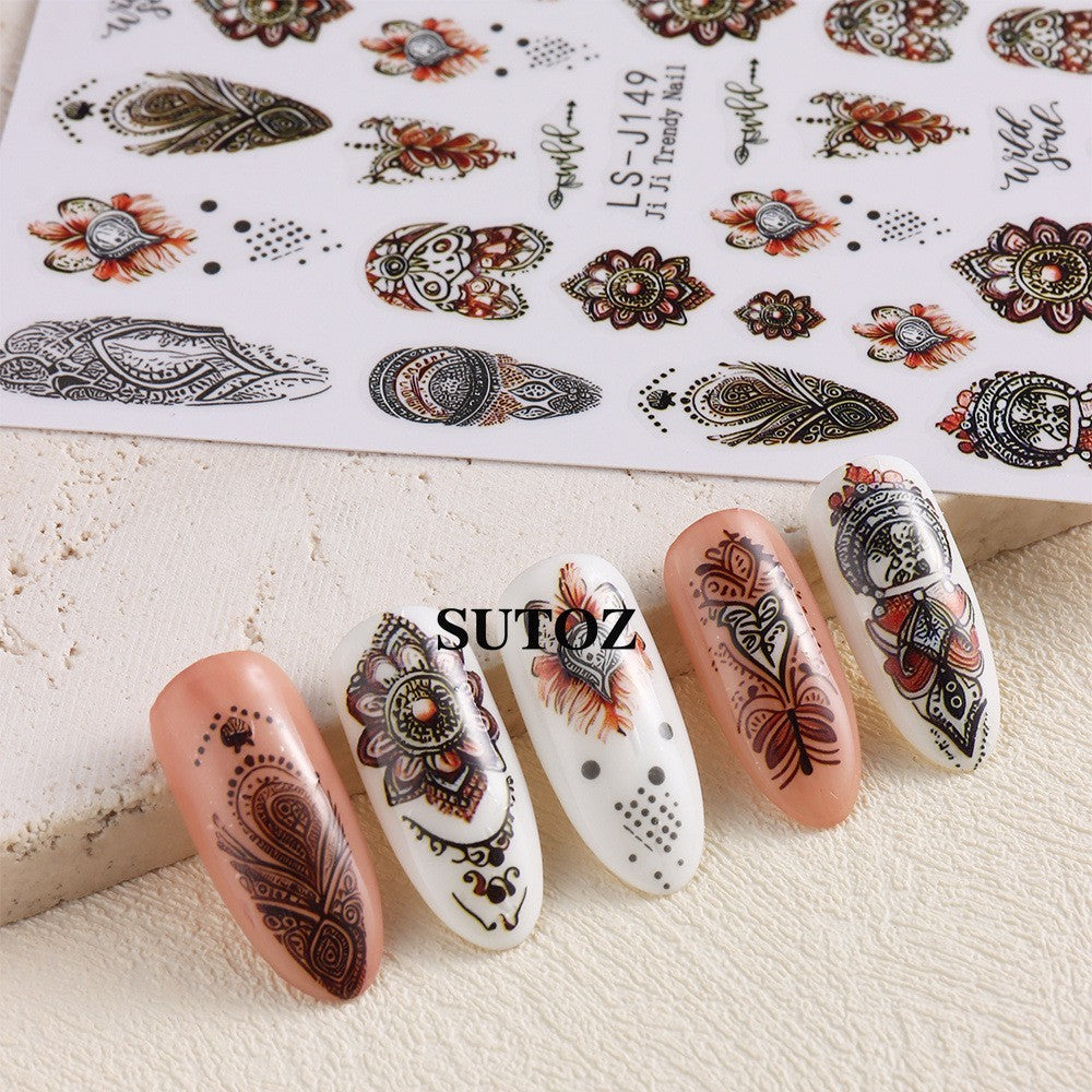 4 Sheets Nail Art Retro Bohemian Flower Stickers - Self Adhesive DIY Nail Decals