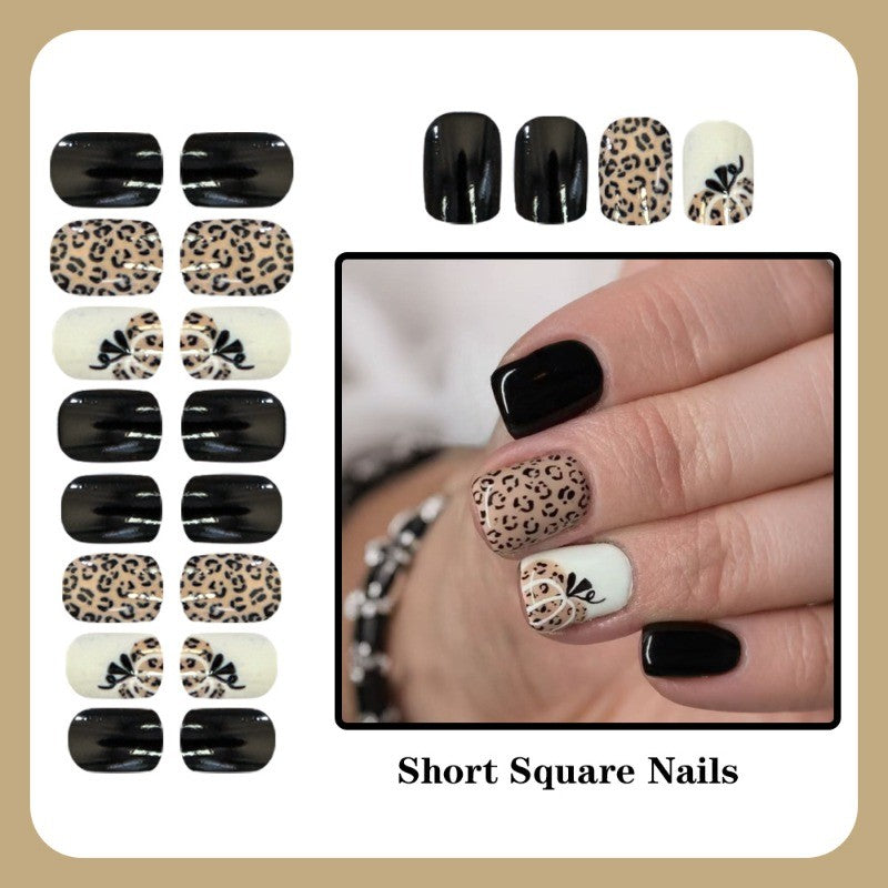 48-Piece Short Square Glossy Black Leopard Print Press-On Nails for Fall