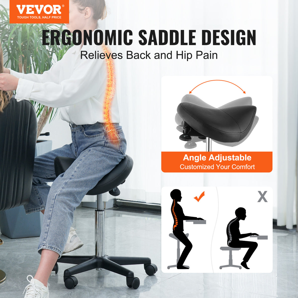 Ergonomic Saddle Stool with Wheels - Adjustable Height & PU Leather Seat
