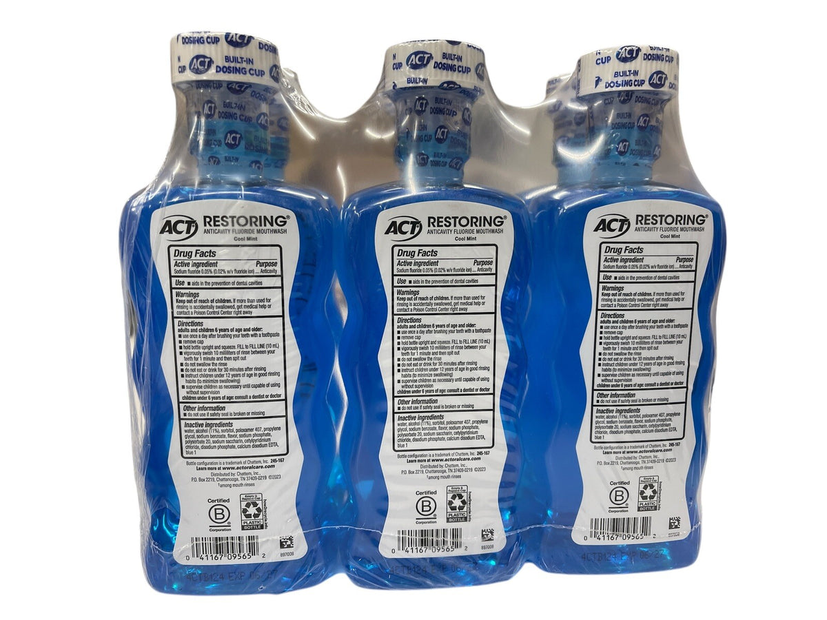 6 Bottles of Fluoride Mouthwash with Cool Mint Flavor - Anticavity & Enamel Repair