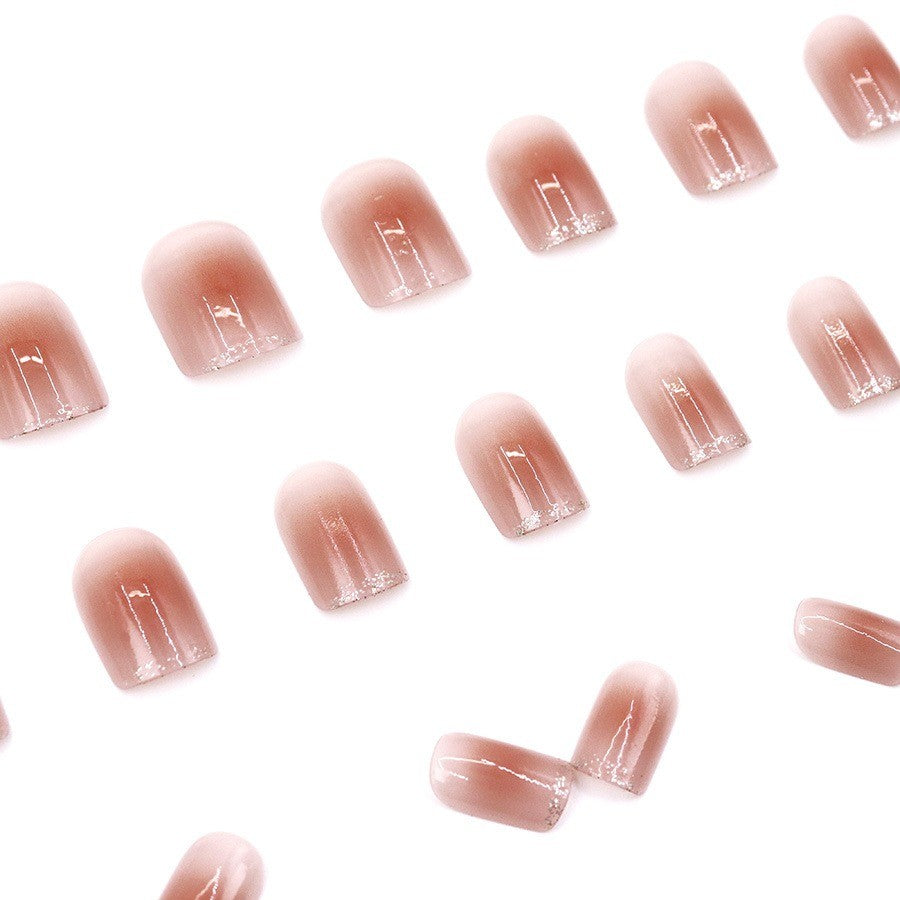 48 Pcs Silver French Press on Nails - Short Square Nude Glossy Fake Nails