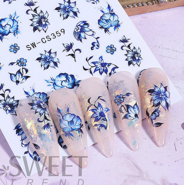 Blue Floral Nail Stickers 2 Sheets Self-Adhesive 3D Floral Decals for Nails