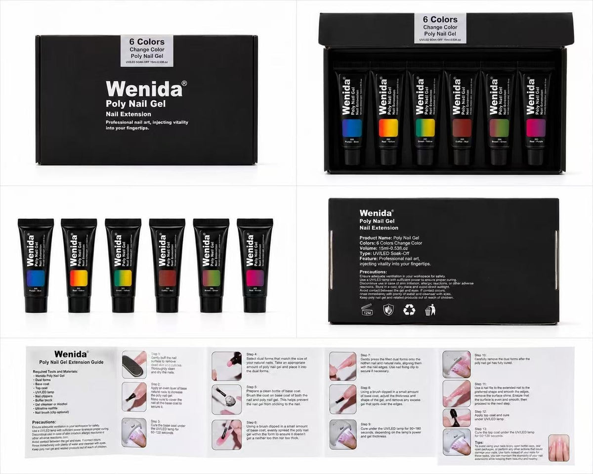 Poly Nail Gel Set with 6 Change-Color UV LED Nail Extensions - Home & Salon Use