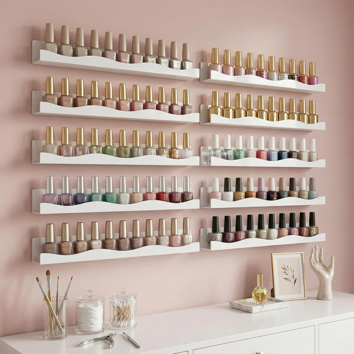 Wall Mounted Nail Polish Rack Acrylic Organizer 6 Pack, Holds 60-90 Bottles
