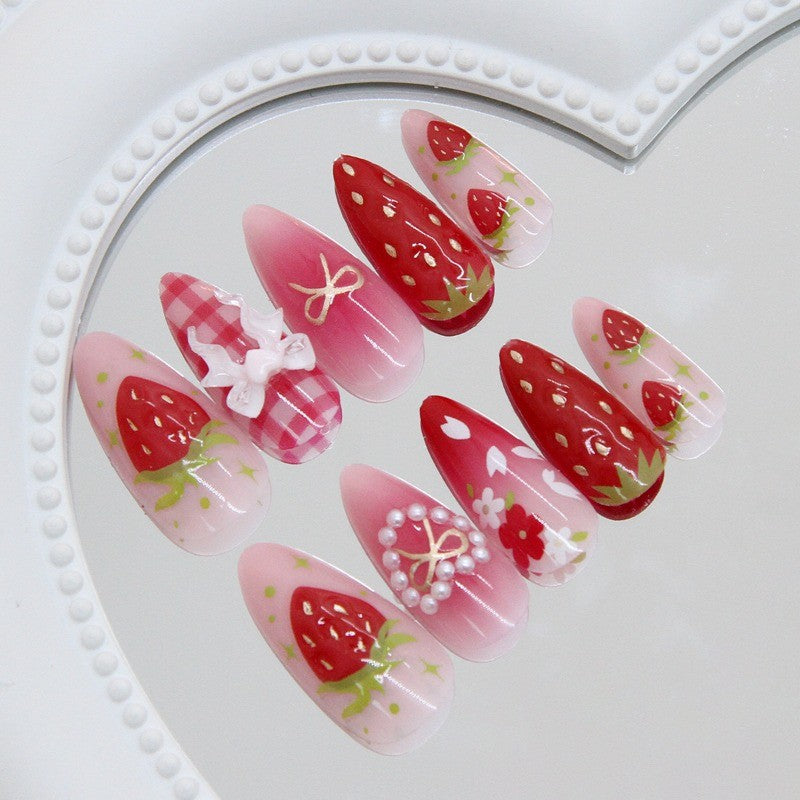 48Pcs Kawaii Press-On Nails with 3D Strawberries & Gradient Tips - Fake Nails